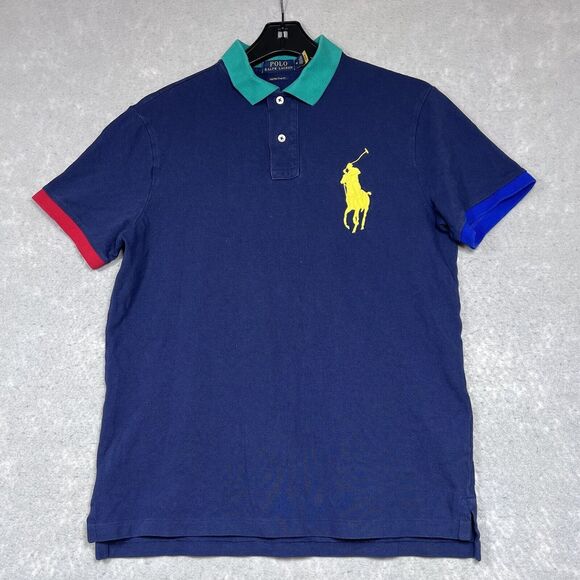 Polo Ralph Lauren Mens Medium Navy Blue Contrast Trim Custom Slim Fit Big Horse - Picture 1 of 10